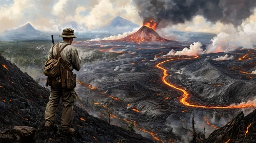 Man Observes Erupting Volcano Scenery