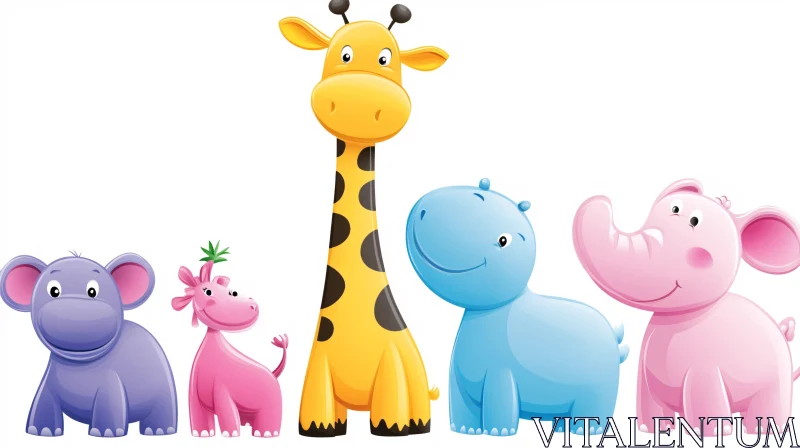 Adorable Cartoon Giraffe, Hippo, and Elephant Illustration AI Image