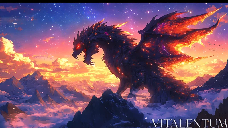 Fantasy Dragon Silhouette Against Sunset Sky AI Image