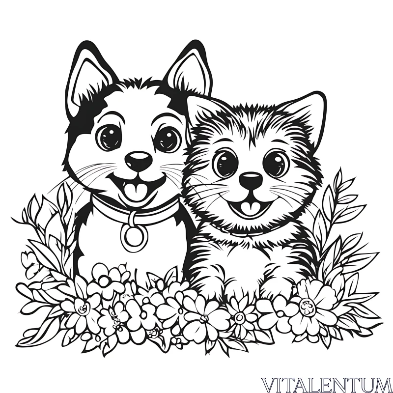 Charming Pet Companions in Line-Art AI Image