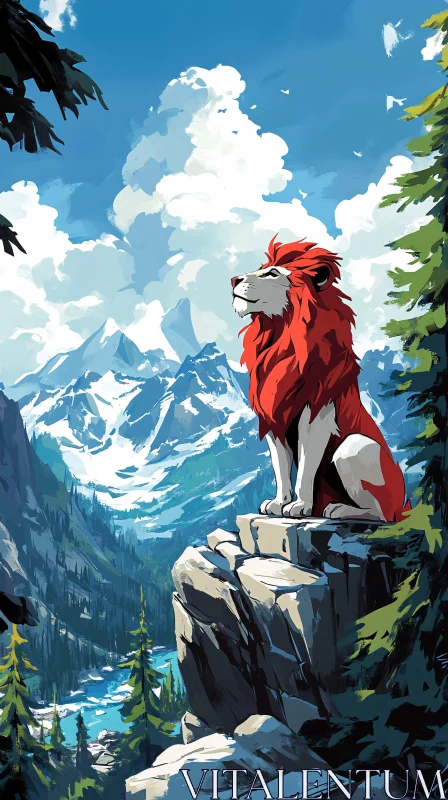 Lion on Rocky Ledge Amidst Mountain Vista AI Image