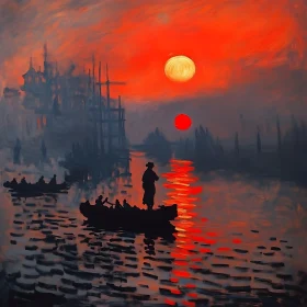 Fiery Sunset Over Waterway Painting