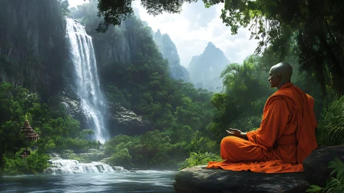 Peaceful Contemplation: Monk and Waterfall