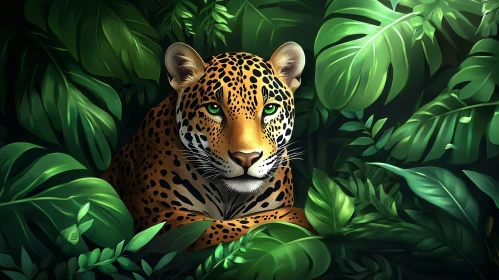 Wild Leopard Amidst Tropical Leaves