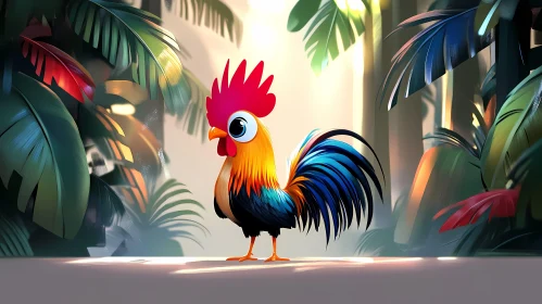 Jungle Scene with Vibrant Rooster