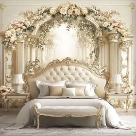 Opulent Bedroom with Gold Accents and Floral Arrangements