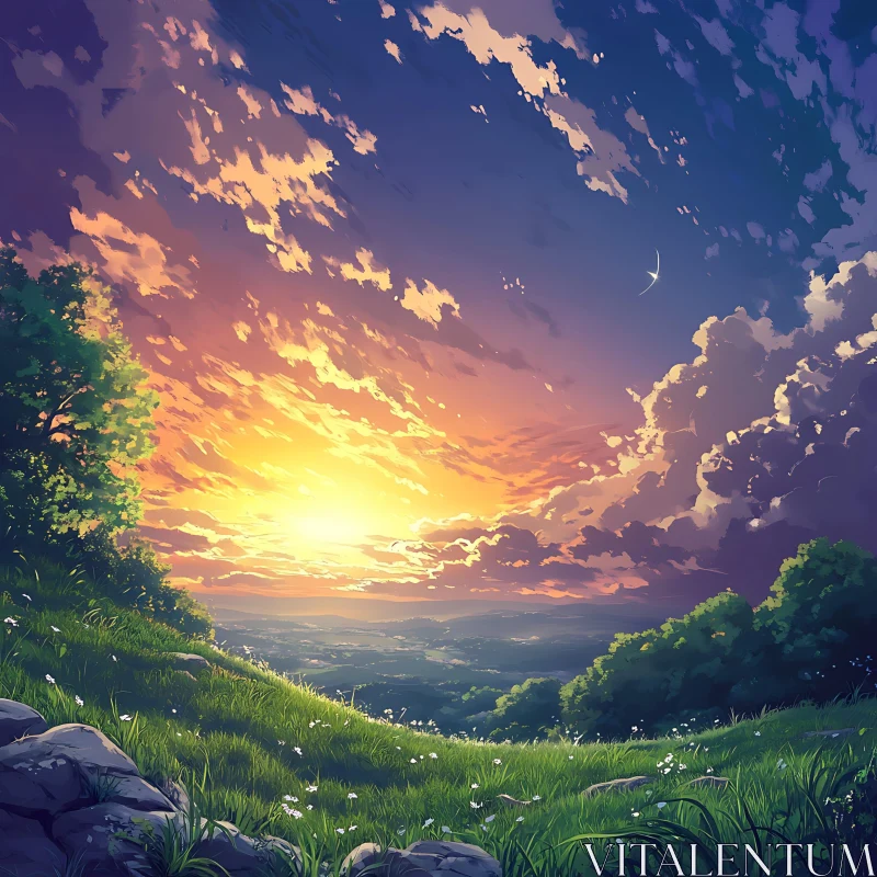 Sunset Over Green Meadow Landscape AI Image