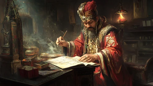 Man in Red Robes Writing in Book