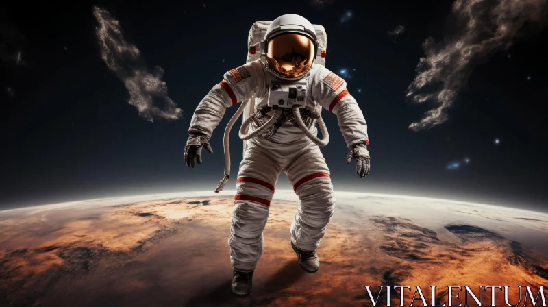 Astronaut in Space Standing on Planets | Dark Red and White AI Image