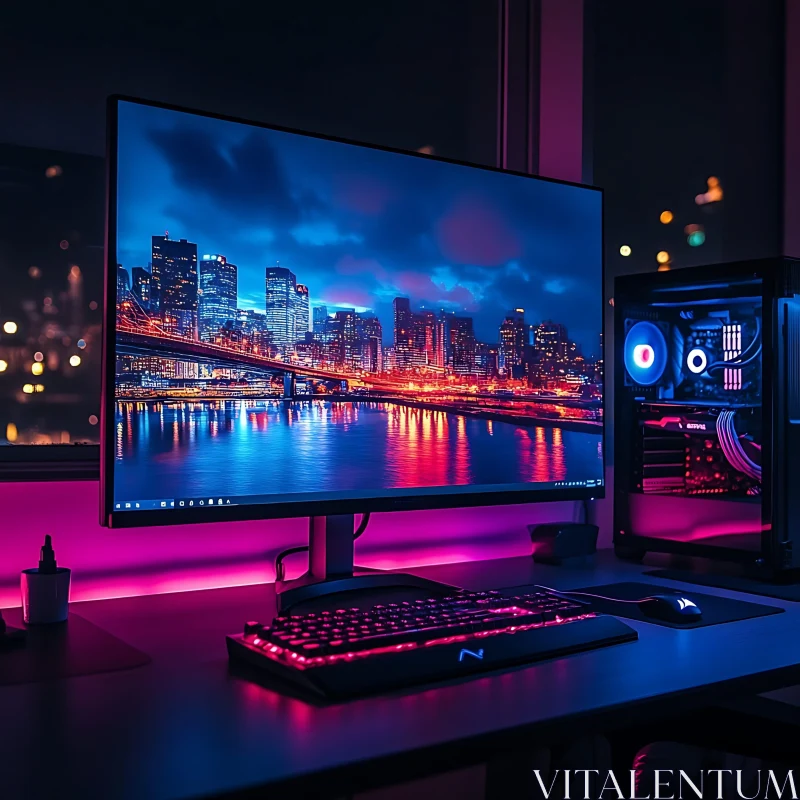 High-Tech Gaming Desk with Illuminated Cityscape AI Image