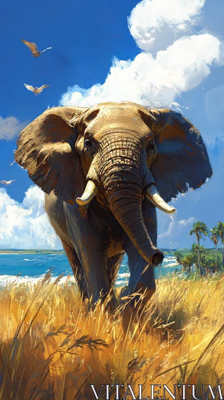 Elephant on Coastal Grassland AI Image