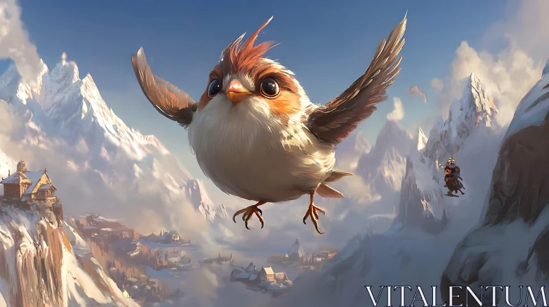 Whimsical Bird Over Snowy Peaks AI Image