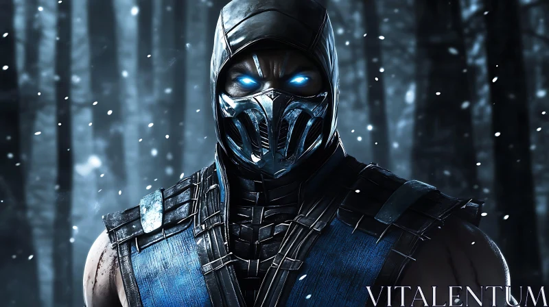 Masked Warrior in Snowy Woods AI Image