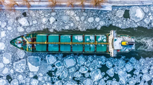 Captivating Aerial View of a Boat Floating on Ice in a Shipping Canal