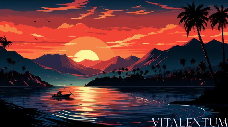 Captivating Sunset with Palm Trees and Boat - Detailed Illustrations AI Image