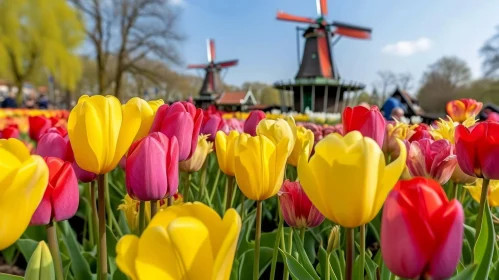 Colorful Tulip Garden with Windmills - Vibrant Floral Landscape