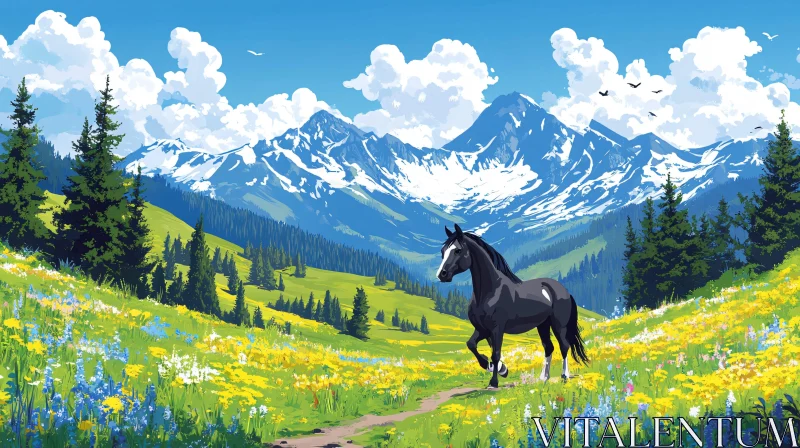 AI ART Black Horse in Wildflower Meadow