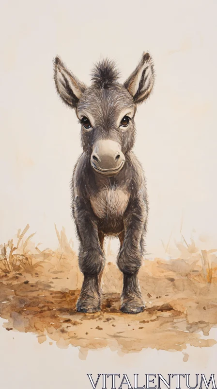 Adorable Young Donkey in Watercolor AI Image