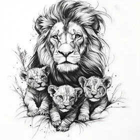 Monochrome Lion and Cubs Illustration