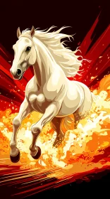 Energetic White Horse in Flames