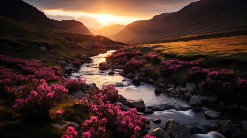 Enchanting Sunset Over a Serene Valley with Purple Flowers