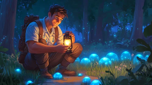 Man with lantern in glowing mushroom forest