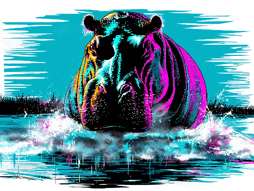 Neon Hippopotamus Apparel Design with Sunset Background POD Design