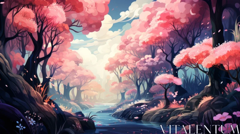 Pink Forest with River and Flowers - Vibrant Illustrations AI Image