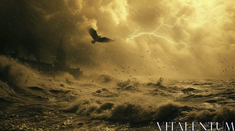 Power and Beauty of Nature: Dark and Stormy Sea with Crashing Waves and Soaring Eagle AI Image