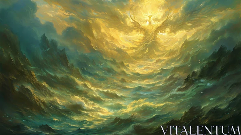 Powerful Painting of a Stormy Sea with a Majestic Phoenix AI Image