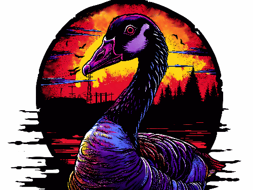 POD Design Psychedelic Goose T-Shirt Design with Sunset Background