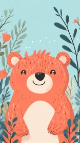 Joyful Cartoon Bear in Floral Scene