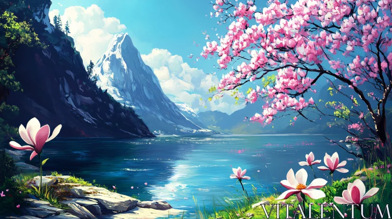 Tranquil Lakeside Scene with Cherry Blossoms and Mountains AI Image