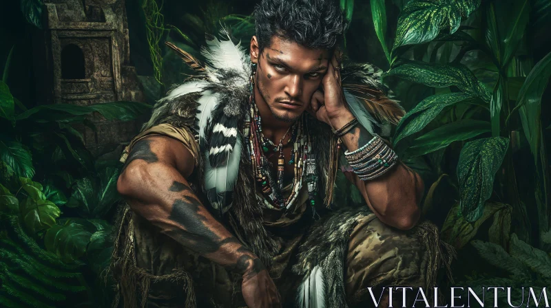 AI ART Man Adorned with Feathers in Jungle