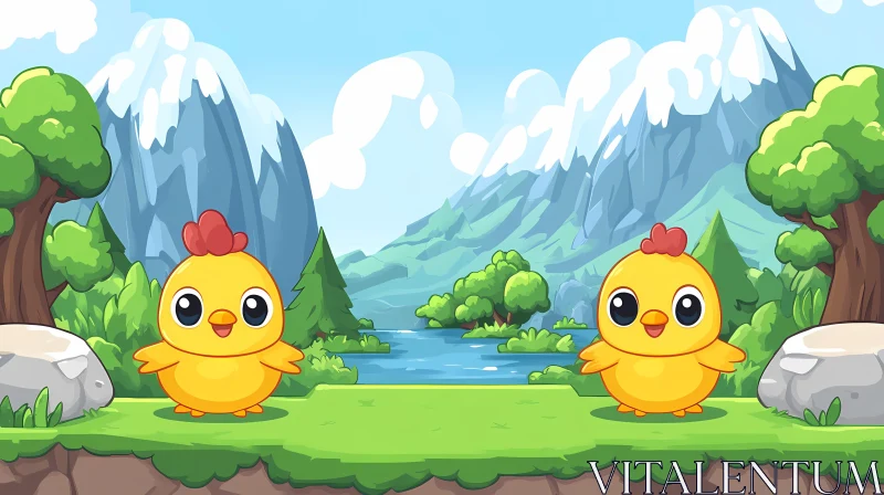 Cute Cartoon Chicks in Nature AI Image