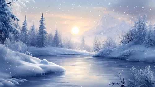 Winter Wonderland with River and Snowy Forest