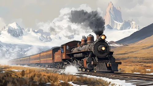 Old Locomotive in Snowy Mountain Scenery
