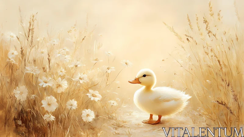 Peaceful Duckling Among Flowers AI Image