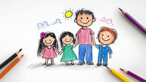 Whimsical Family Illustration with Bright Pencils