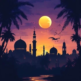 Tranquil Mosque Sunset with Palm Trees