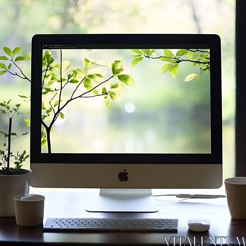 Green Workspace with Outdoor Foliage Display on Computer Monitor AI Image