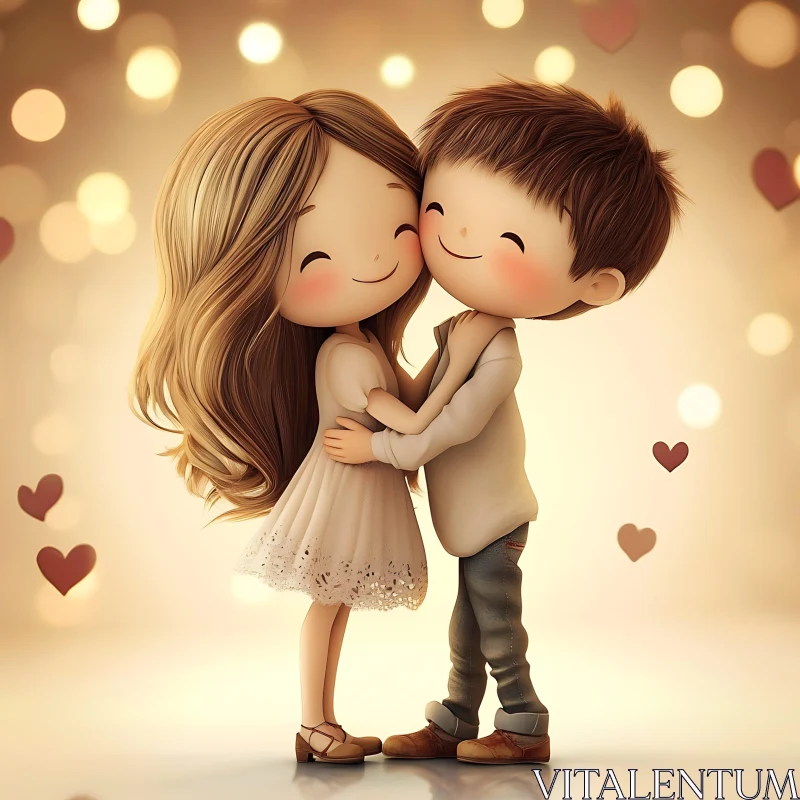 Cartoon Couple Hugging with Bokeh Background AI Image