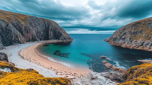 Serene Beach Amidst Rugged Cliffs and Azure Waters