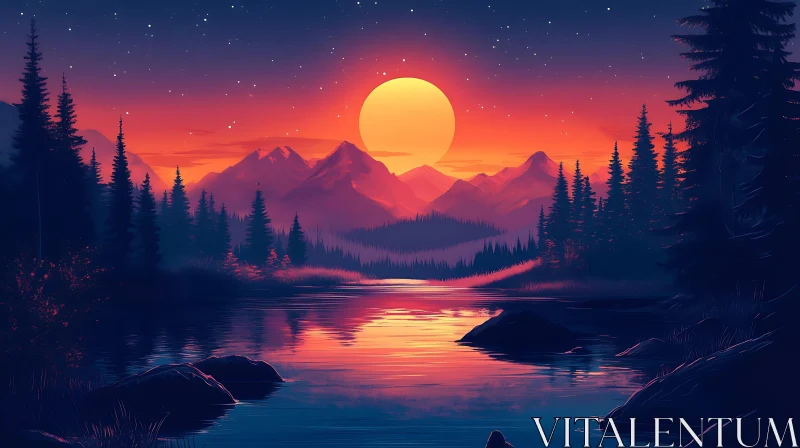 Sunset Reflection on Lake with Mountains AI Image