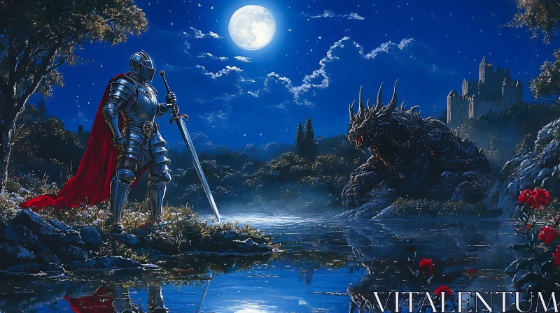 AI ART Moonlit Encounter: Knight vs Dragon