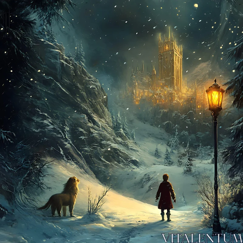 AI ART Snowy Path to the Glowing Castle