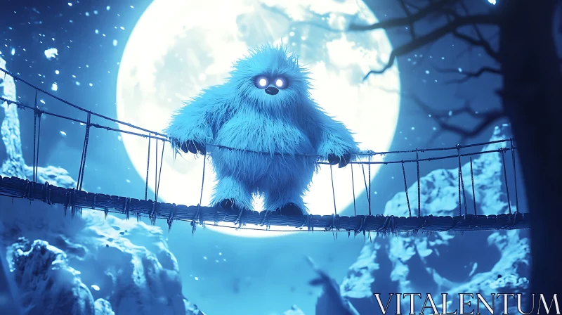 AI ART Fluffy Blue Monster on Rope Bridge