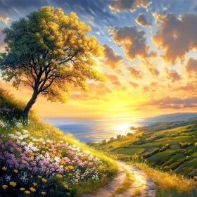 Sunset Over Coastal Path with Tree and Flowers