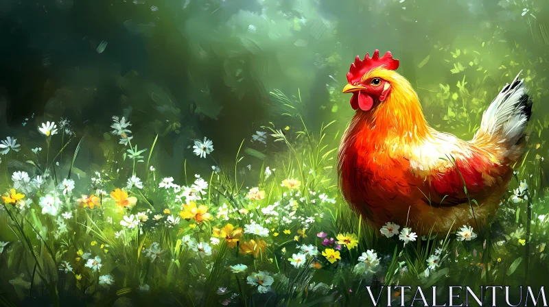 Pastoral Scene with a Chicken AI Image