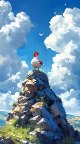 Rooster on Mountain Peak with Clouds